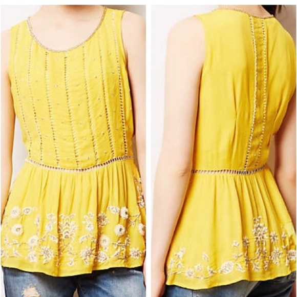Anthropologie Tops - Anthropologie Maeve Calendula Peplum Beaded Blouse buttercup yellow